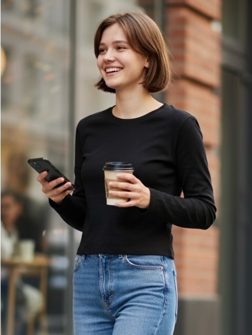 Bozzolo. Black Long-Sleeve Crewneck Top